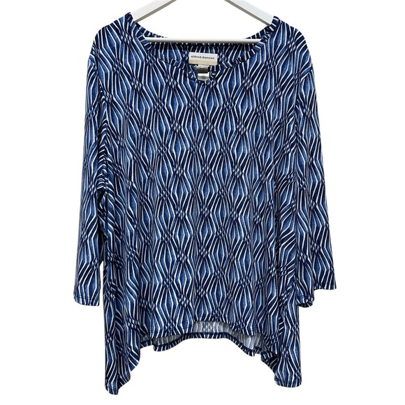 Alfred Dunner Tops - Alfred Dunner Women's Size 2X Stretch Fit Top Blue White 3/4 Sleeve Keyhole Neck